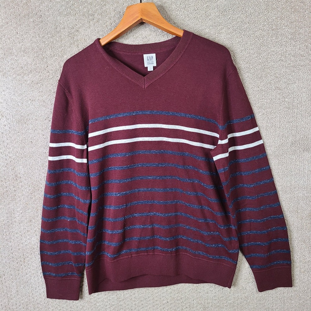 Gap Sweater Mens Large Burgundy Striped V‎ Neck Cotton Long Sleeve Casual